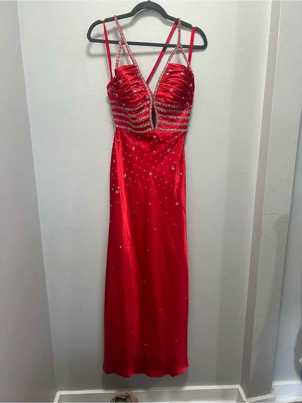 Mori Lee Red Rhinestone Satin Prom Gown Y2K Glam Size 7/8